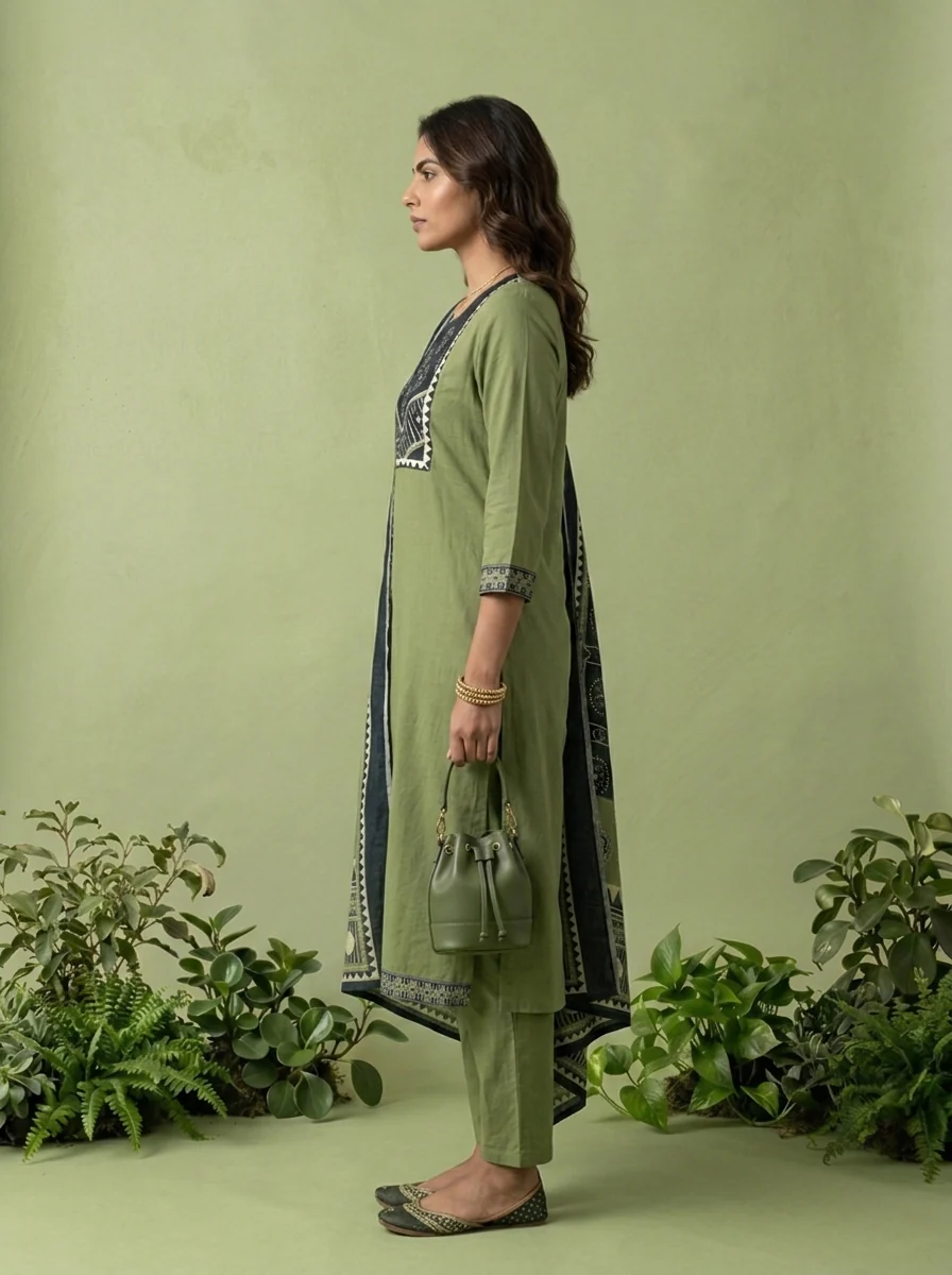 Olive Cotton Geometric Printed Three Piece Set - Image 3