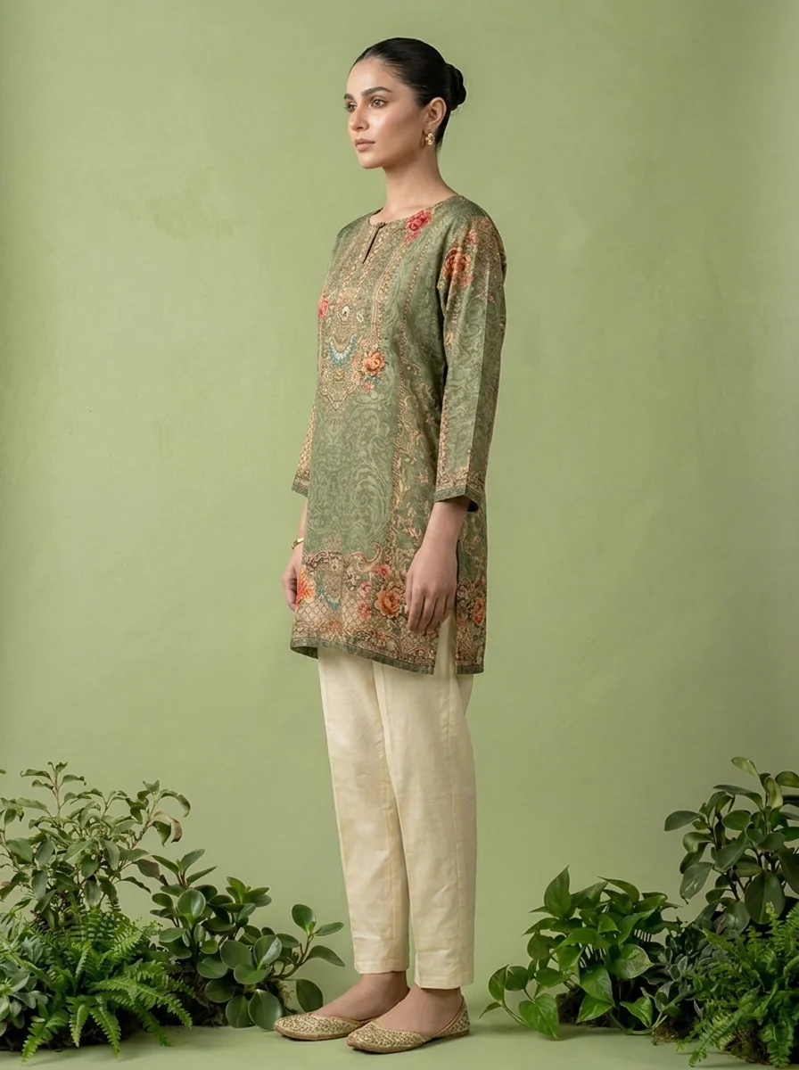 Olive Crepe Floral And Paisley Printed Kurti - Image 3