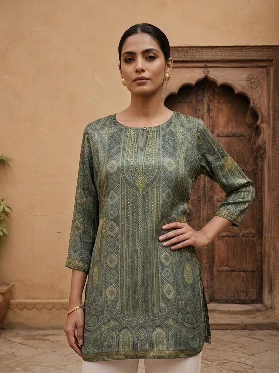 Olive Crepe Paisley Printed Kurti - Image 3