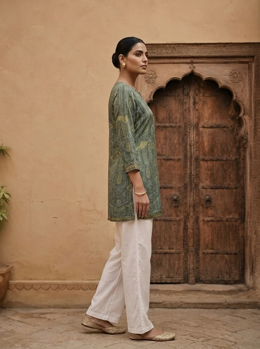 Olive Crepe Paisley Printed Kurti - Image 4