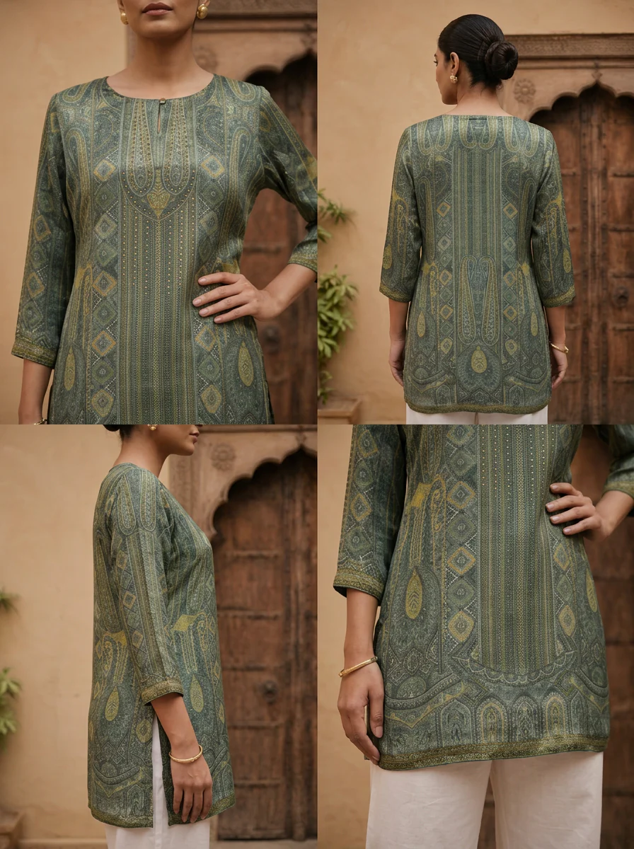 Olive Crepe Paisley Printed Kurti - Image 5