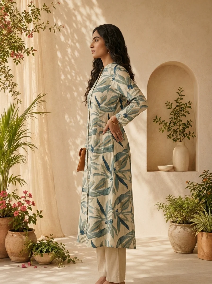 Olive Heavy Floral Printed Silk A-line Kurta - Image 3