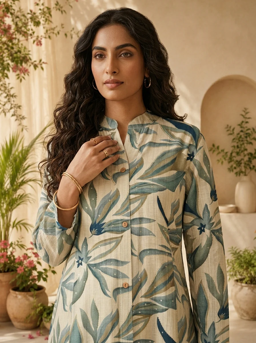 Olive Heavy Floral Printed Silk A-line Kurta - Image 4