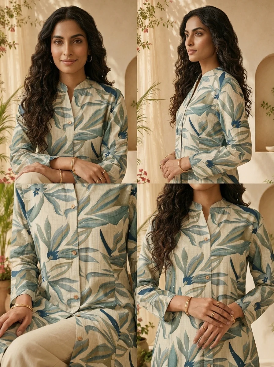 Olive Heavy Floral Printed Silk A-line Kurta - Image 5
