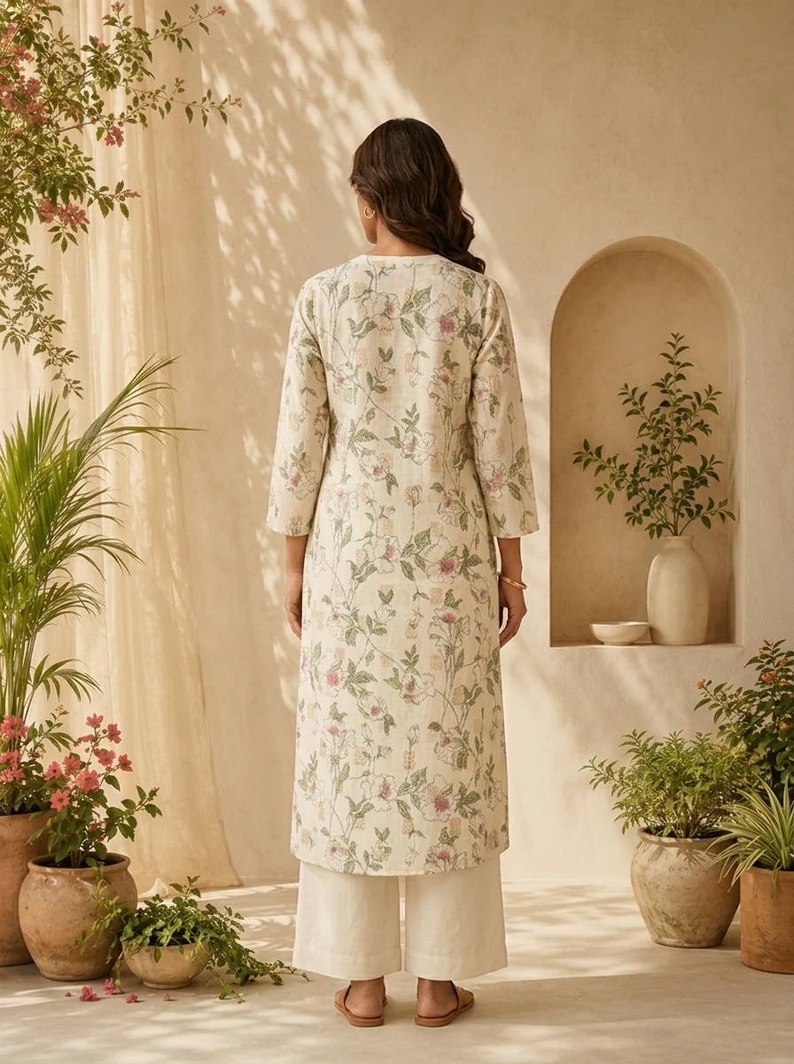 Olive Linen Printed Straight Kurta - Image 3