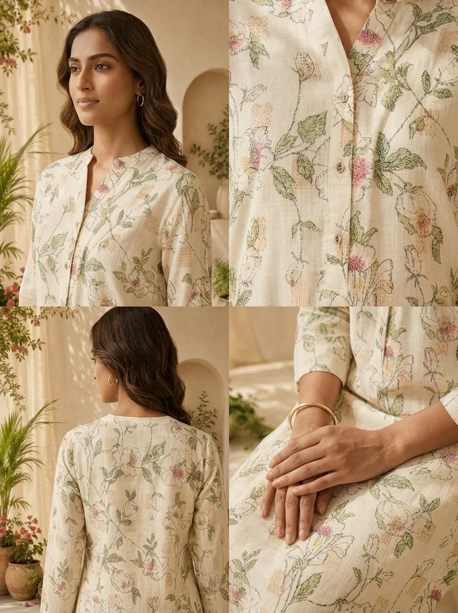 Olive Linen Printed Straight Kurta - Image 5