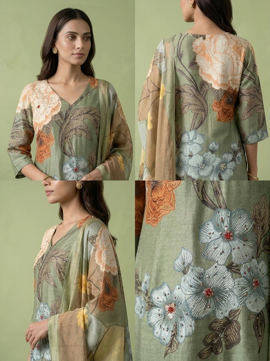 Olive Muslin Floral Digital Printed Three Piece Set - Image 5