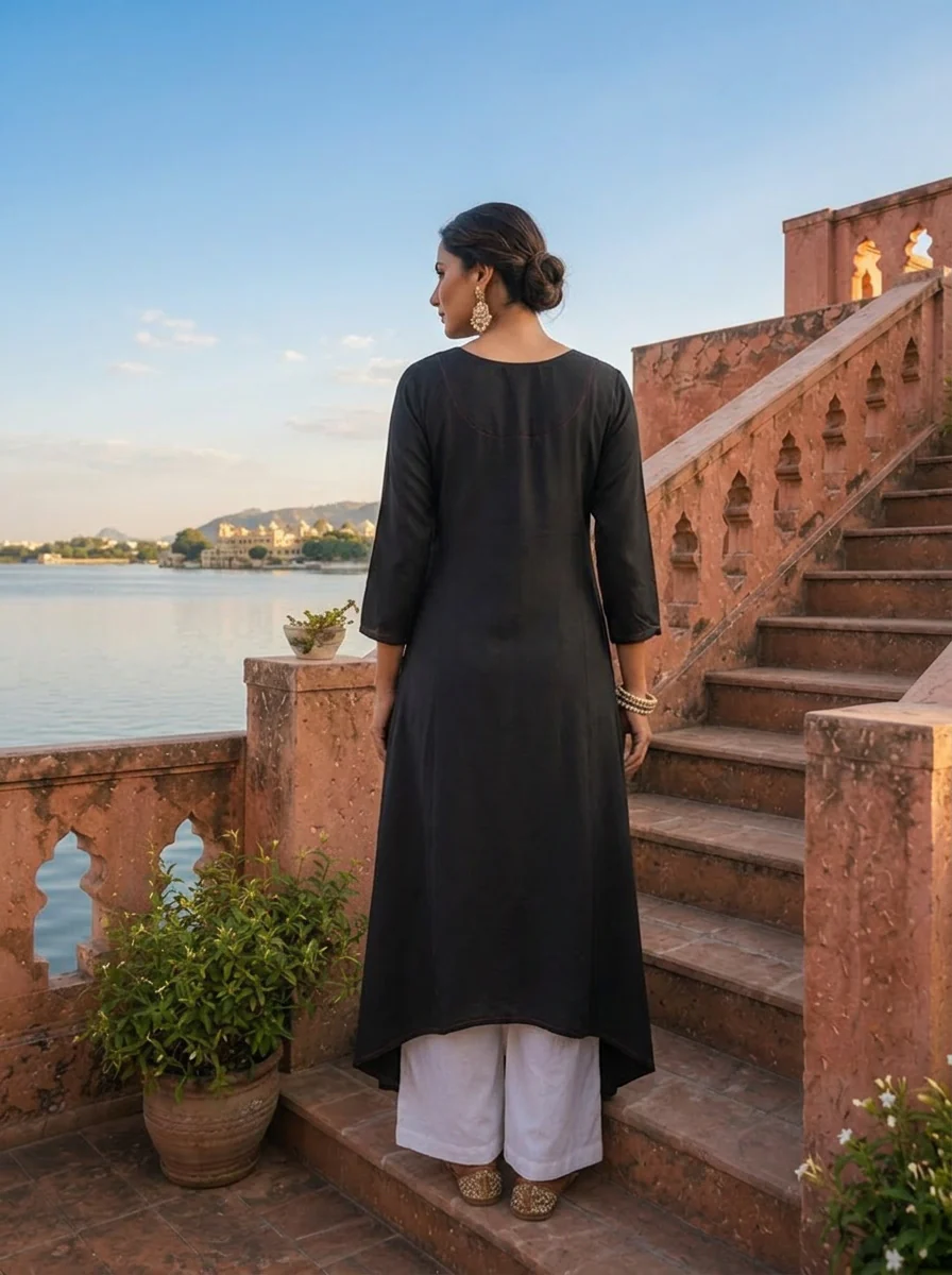 Olive Rayon Lotus Embroidered Asymmetric Kurta - Image 2
