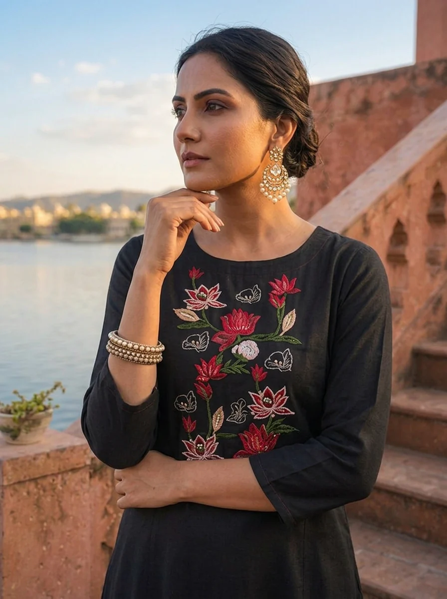 Olive Rayon Lotus Embroidered Asymmetric Kurta - Image 4