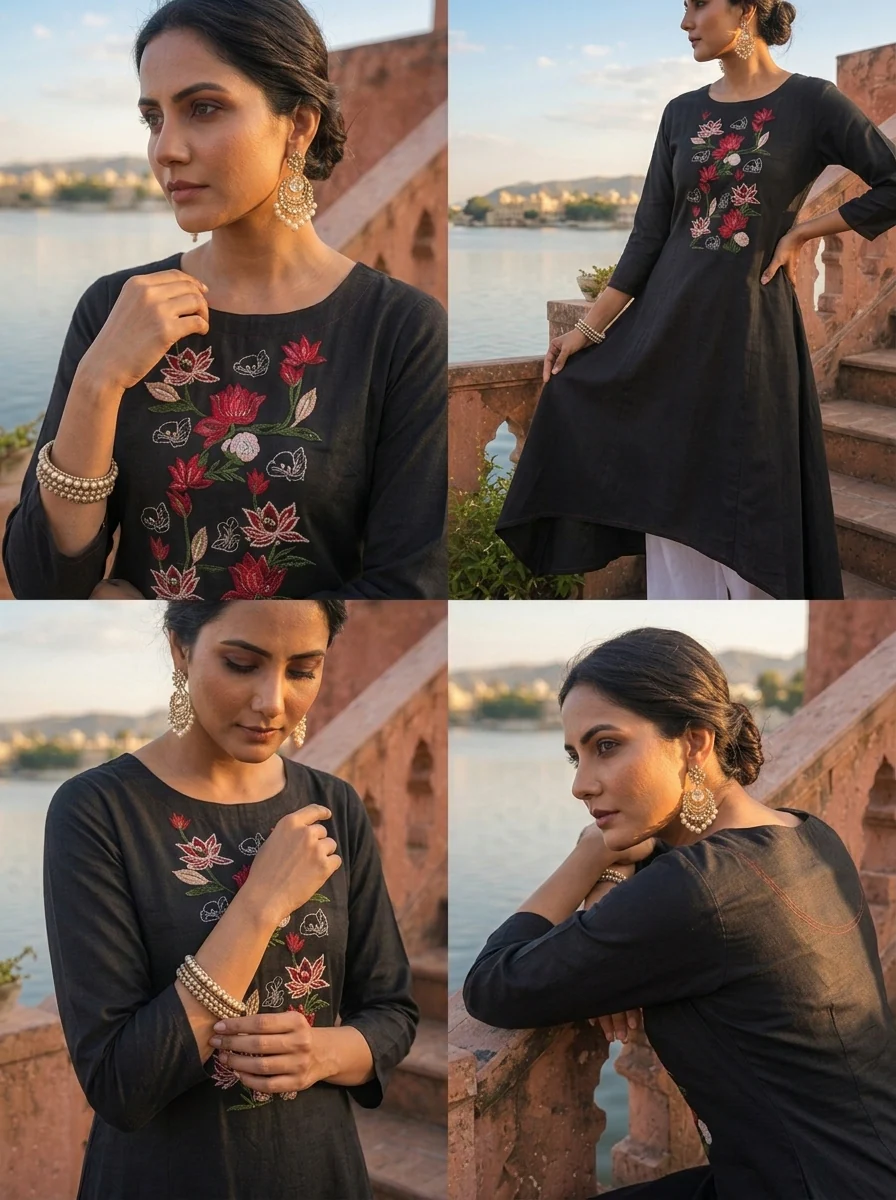 Olive Rayon Lotus Embroidered Asymmetric Kurta - Image 5