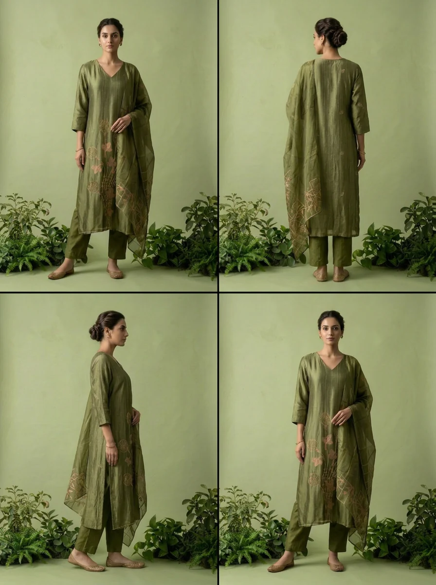 Olive Silk Beads Embroidered And Printed Three Piece Set - Image 5