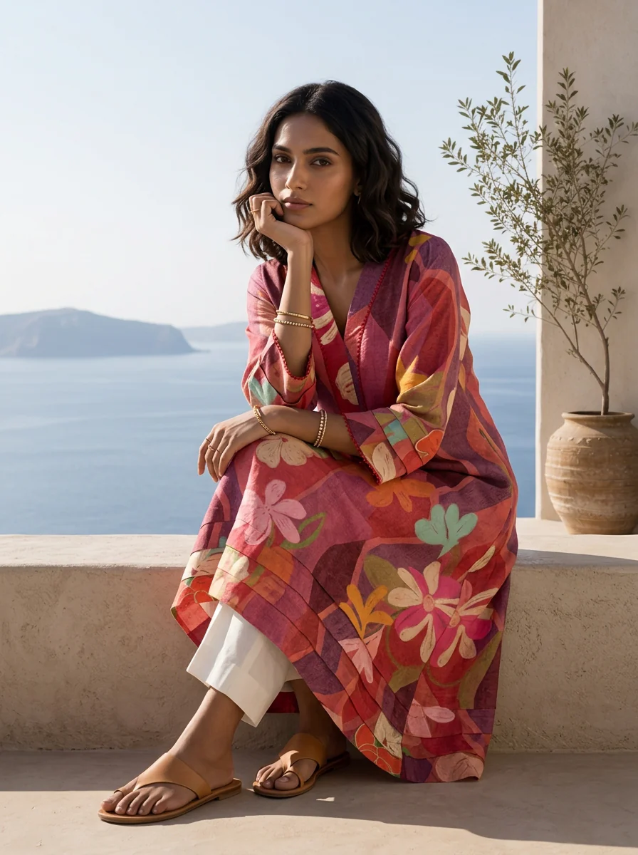 Onion And Red Abstract And Floral Printed Rayon Kurta - Image 2