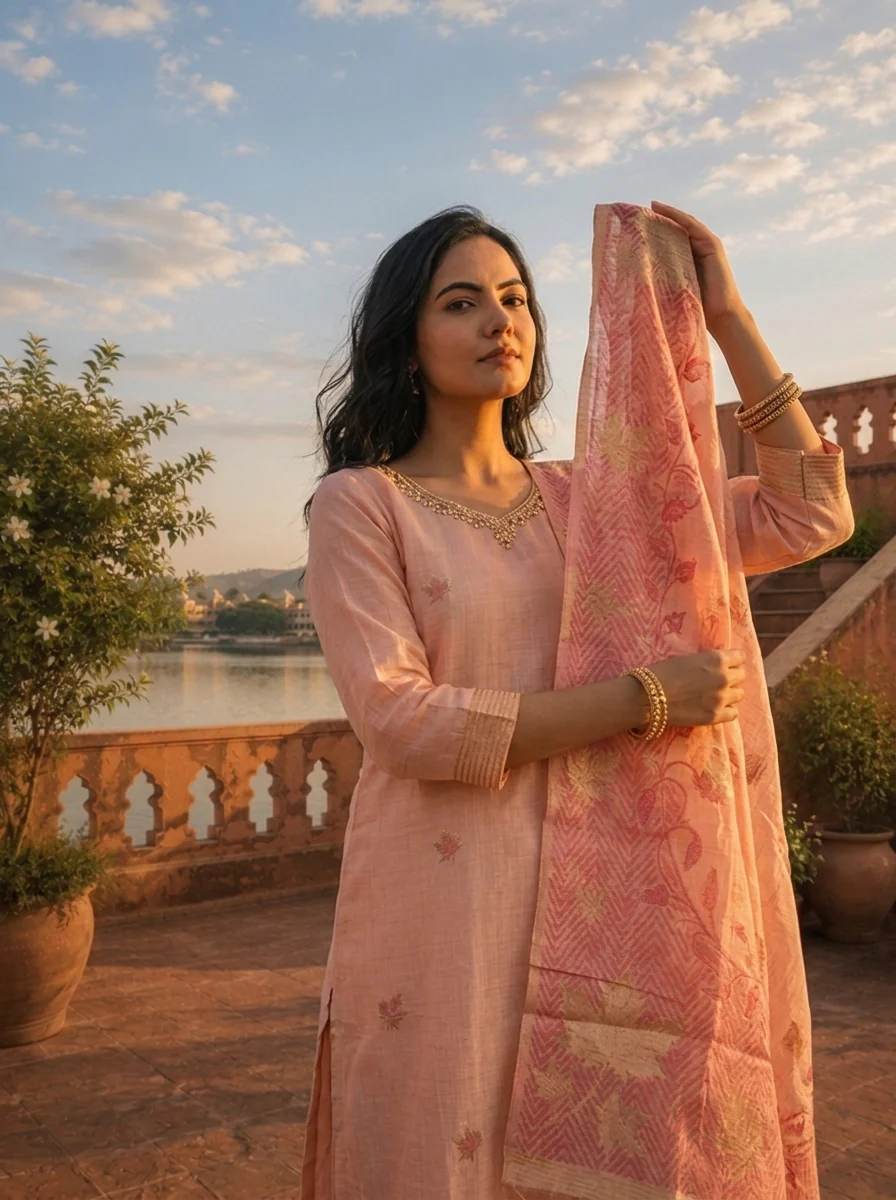 Onion Chanderi Silk Maple Leaf Weaved Three Piece Set - Image 4