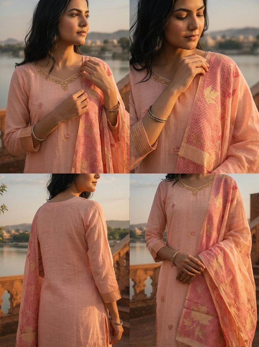 Onion Chanderi Silk Maple Leaf Weaved Three Piece Set - Image 5