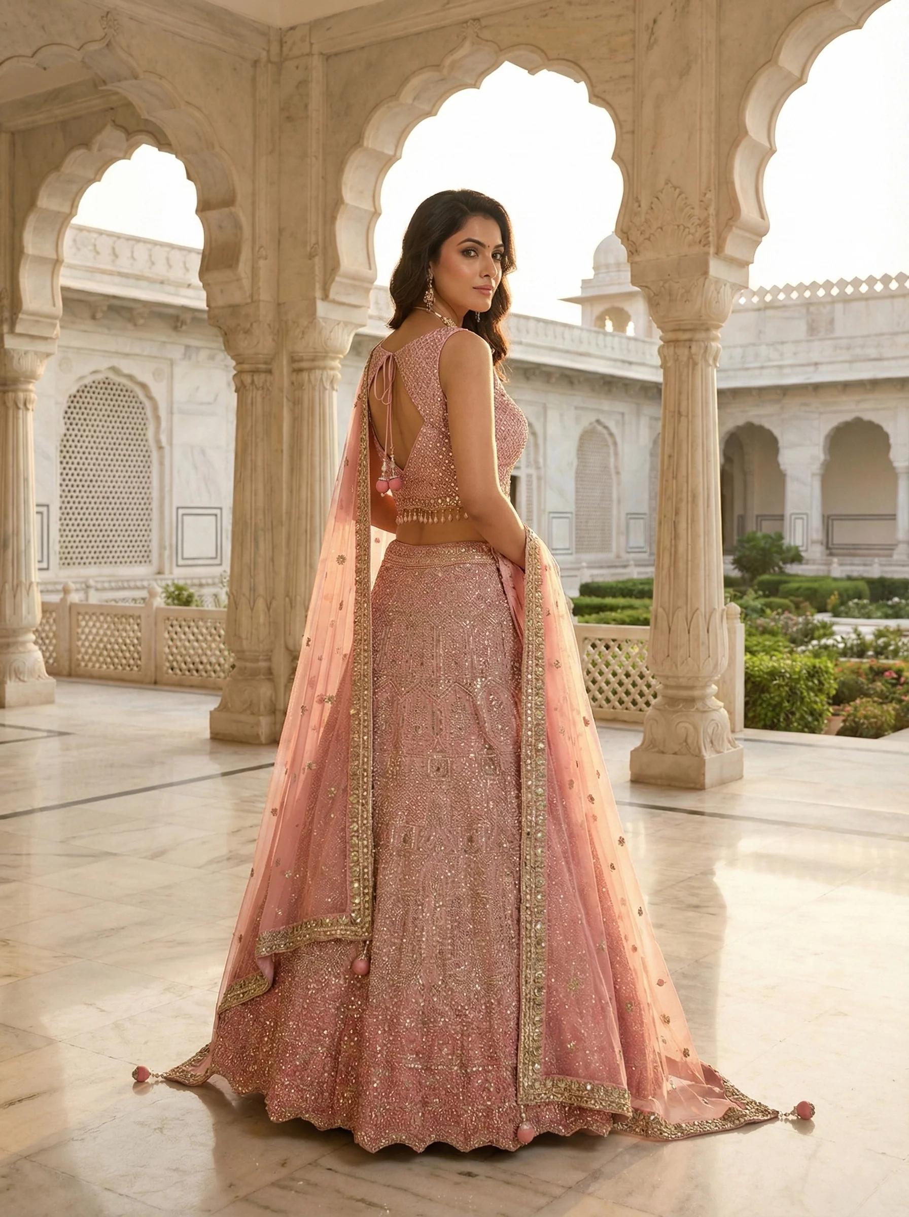 Onion Georgette Heavy Hand Embroidered Ghagra Set - Image 3