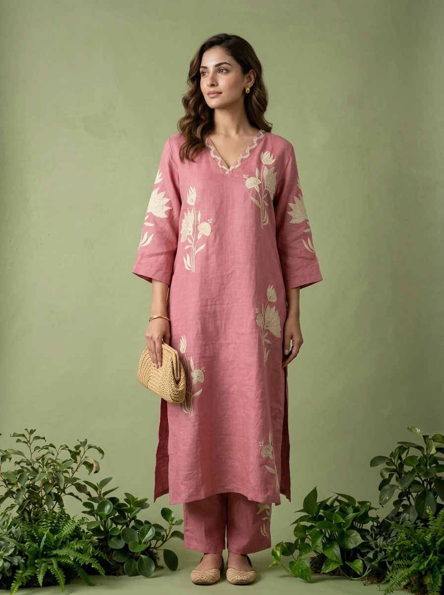 Onion Linen Floral Embroidery Two Piece Set - Image 2