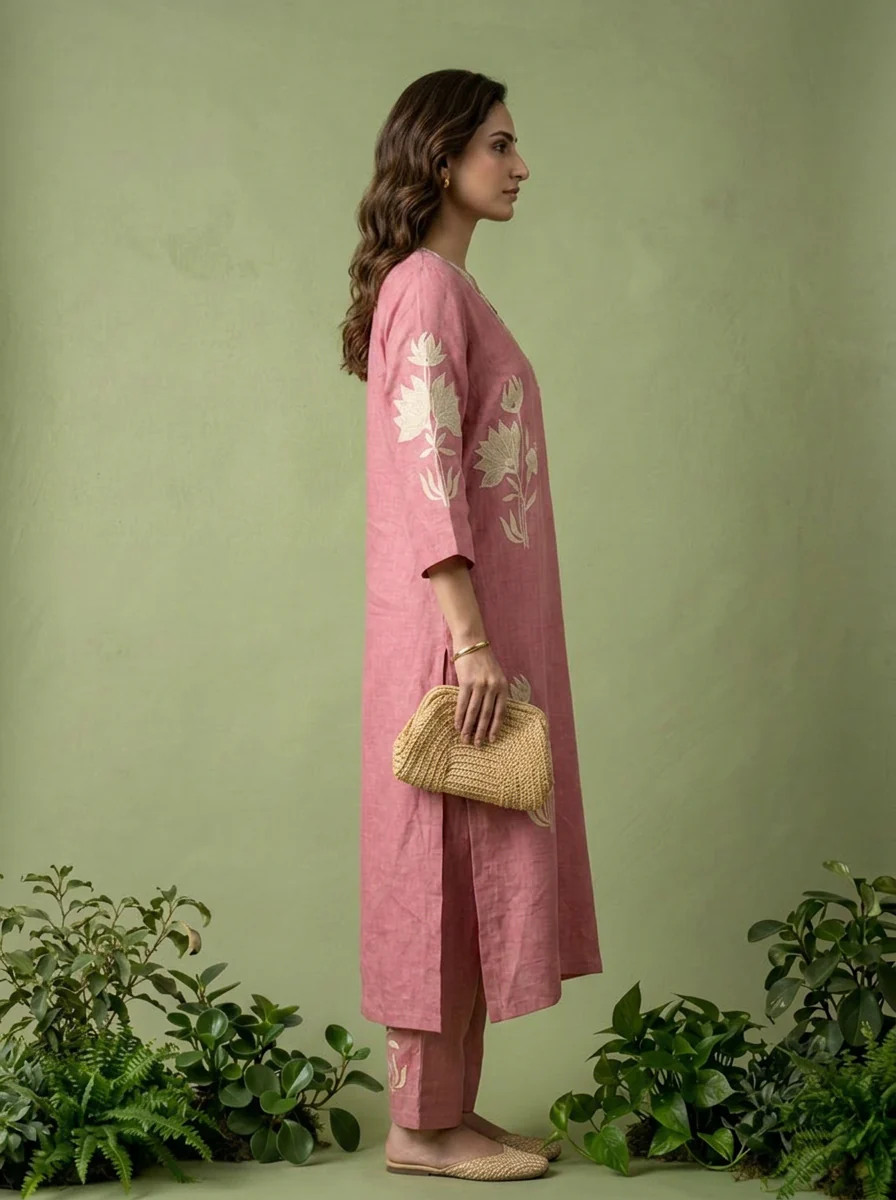 Onion Linen Floral Embroidery Two Piece Set - Image 3
