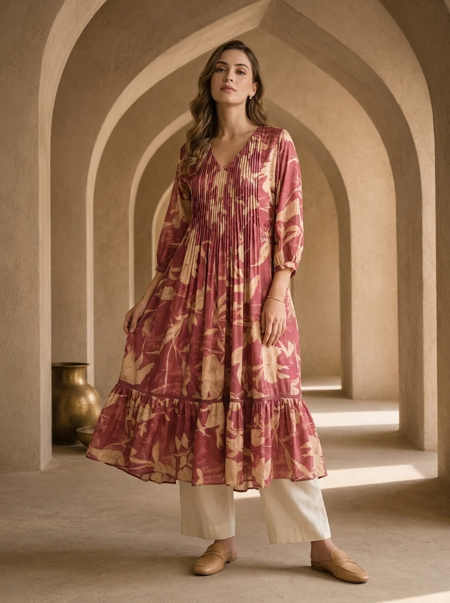Onion Muslin Pleated Design Kurta - Image 2