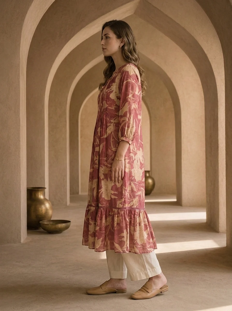 Onion Muslin Pleated Design Kurta - Image 4