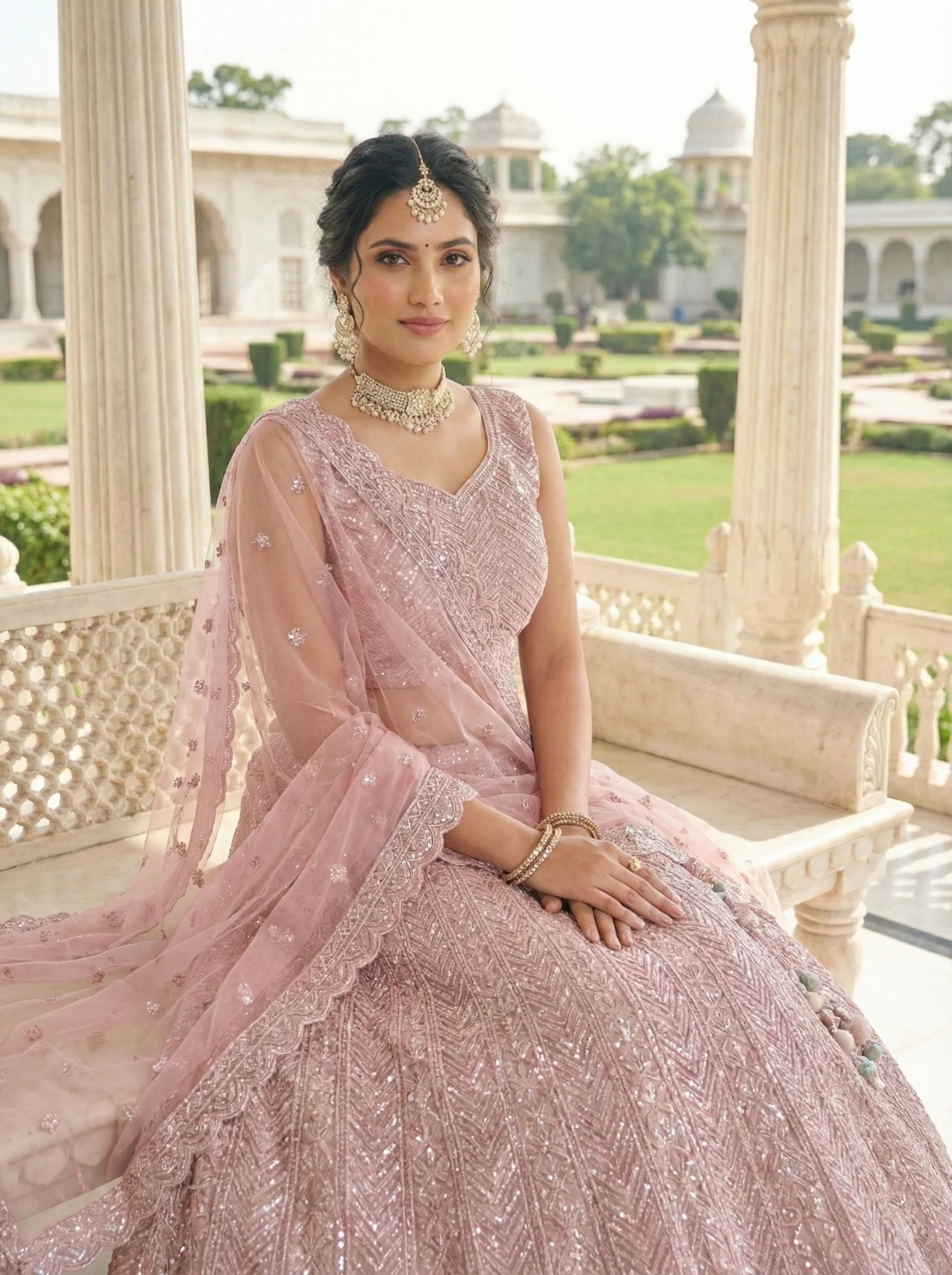 Onion Net With Heavy Beads And Stones Ghagra Set - Image 3