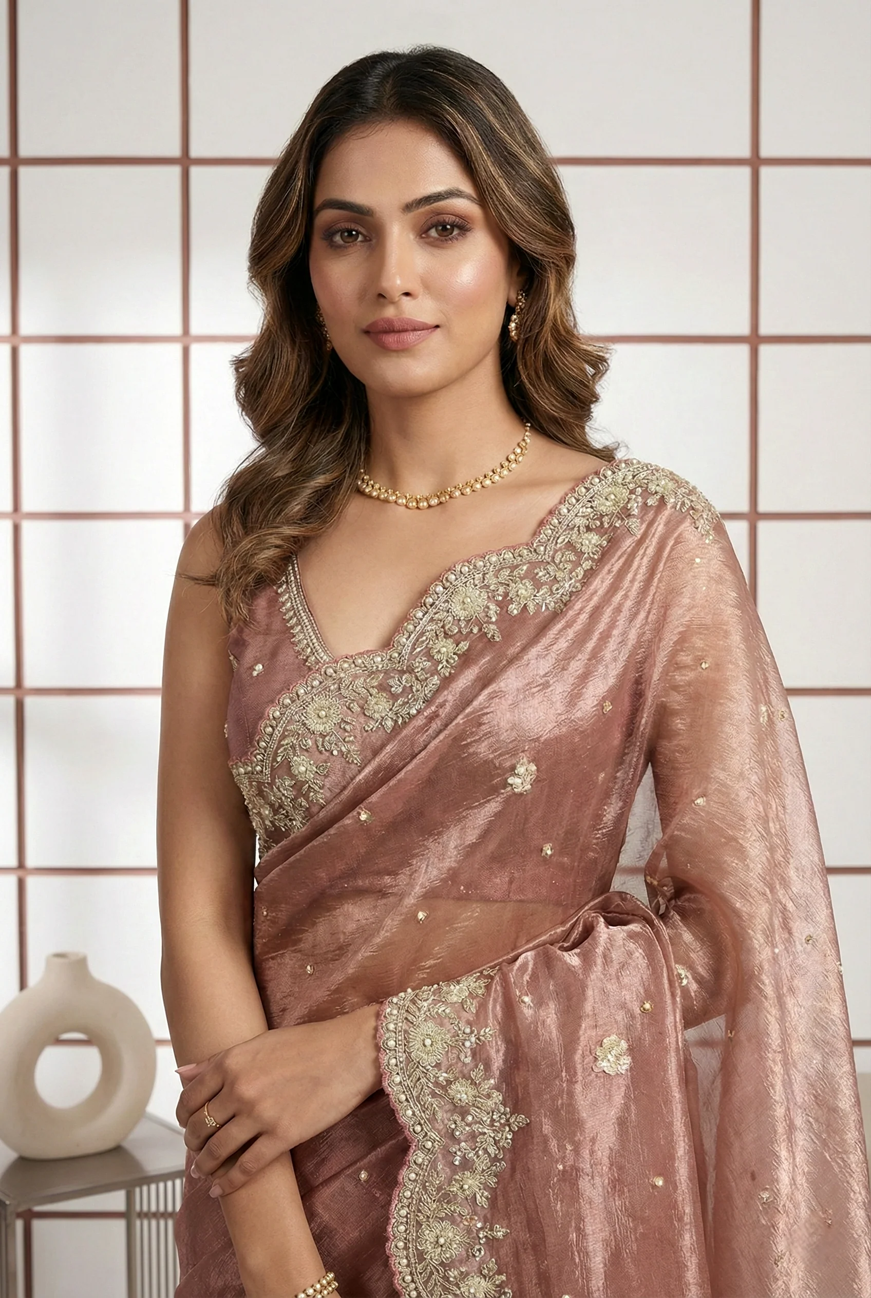 Onion Organza Heavy Zari Floral Embroidery Saree - Image 2