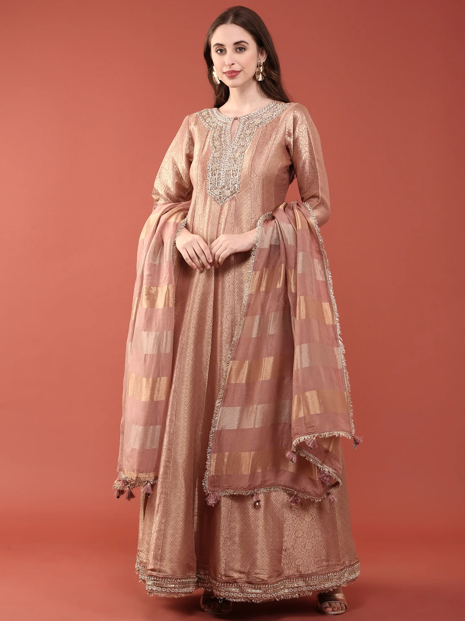 Onion Pink Banaras Silk Heavy Zari Embroidered Anarkali Set