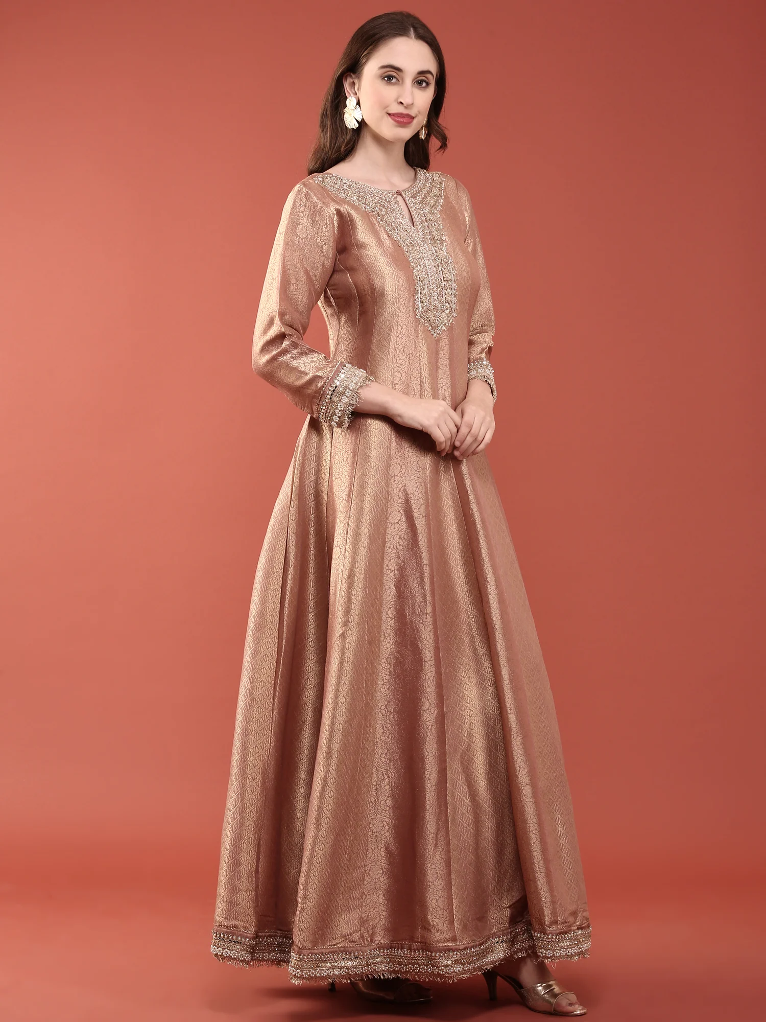 Onion Pink Banaras Silk Heavy Zari Embroidered Anarkali Set - Image 2