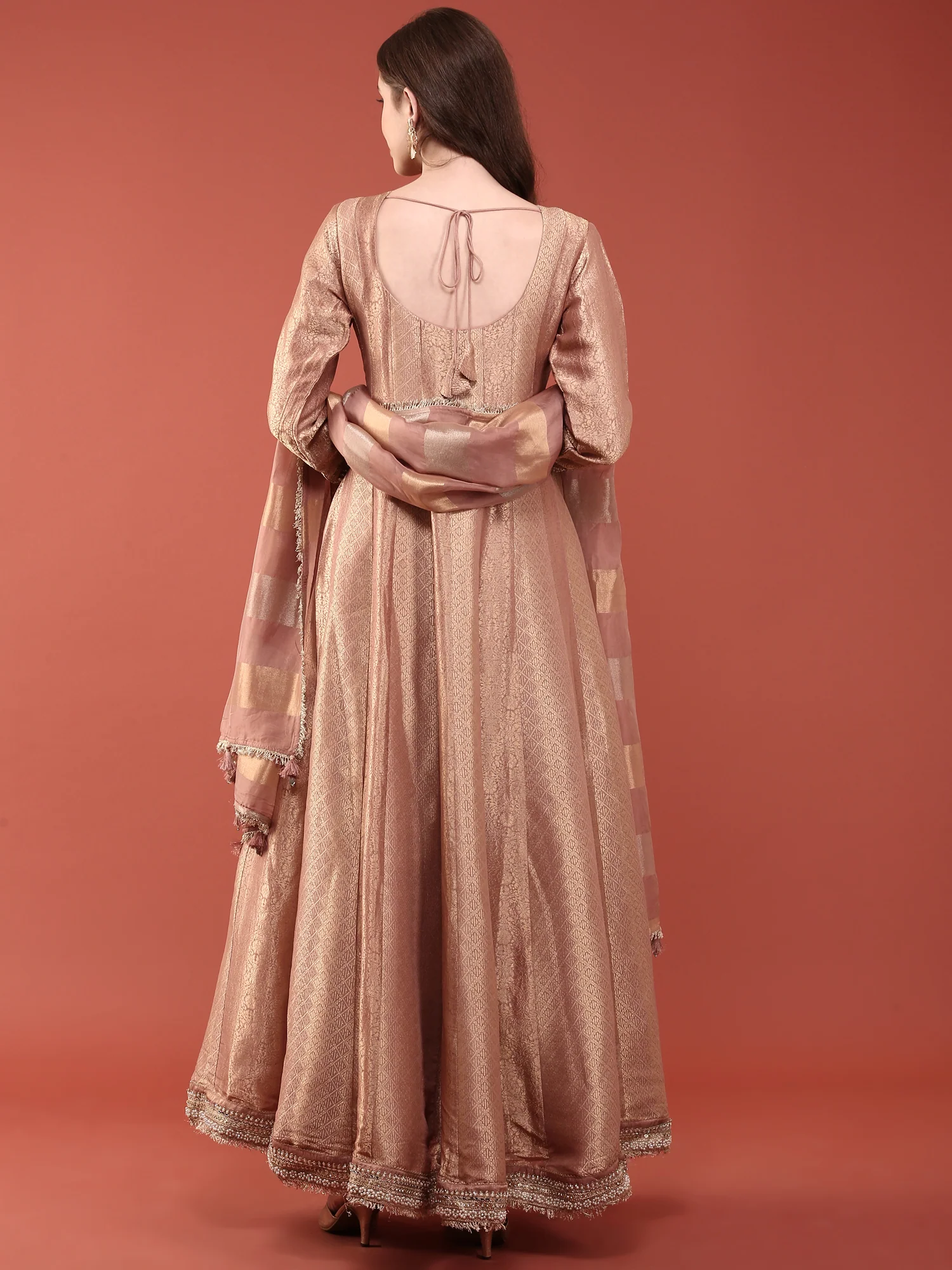 Onion Pink Banaras Silk Heavy Zari Embroidered Anarkali Set - Image 3
