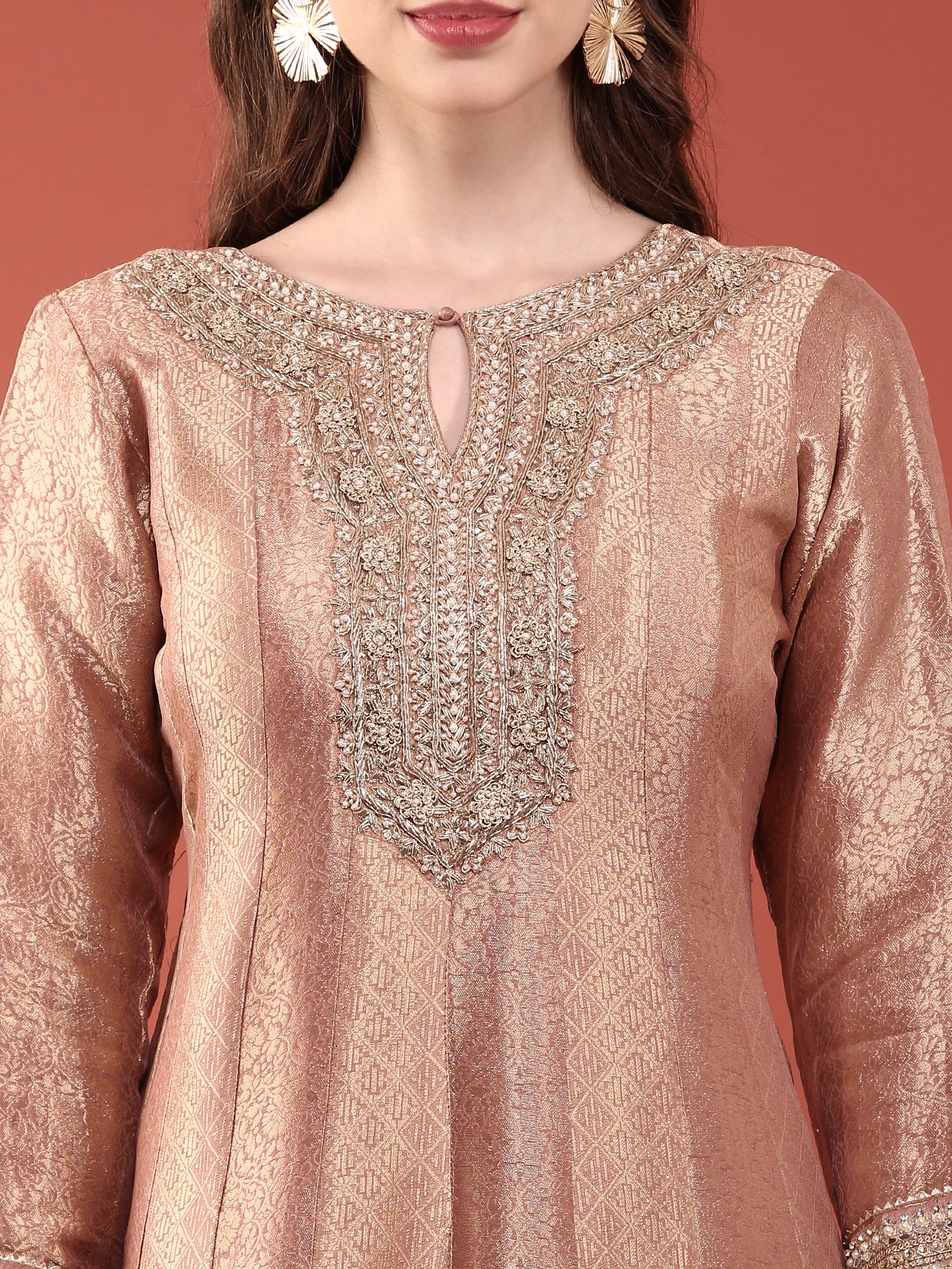 Onion Pink Banaras Silk Heavy Zari Embroidered Anarkali Set - Image 4