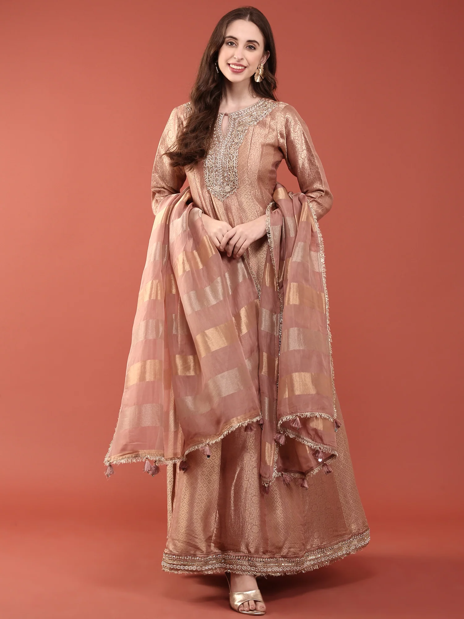 Onion Pink Banaras Silk Heavy Zari Embroidered Anarkali Set - Image 5