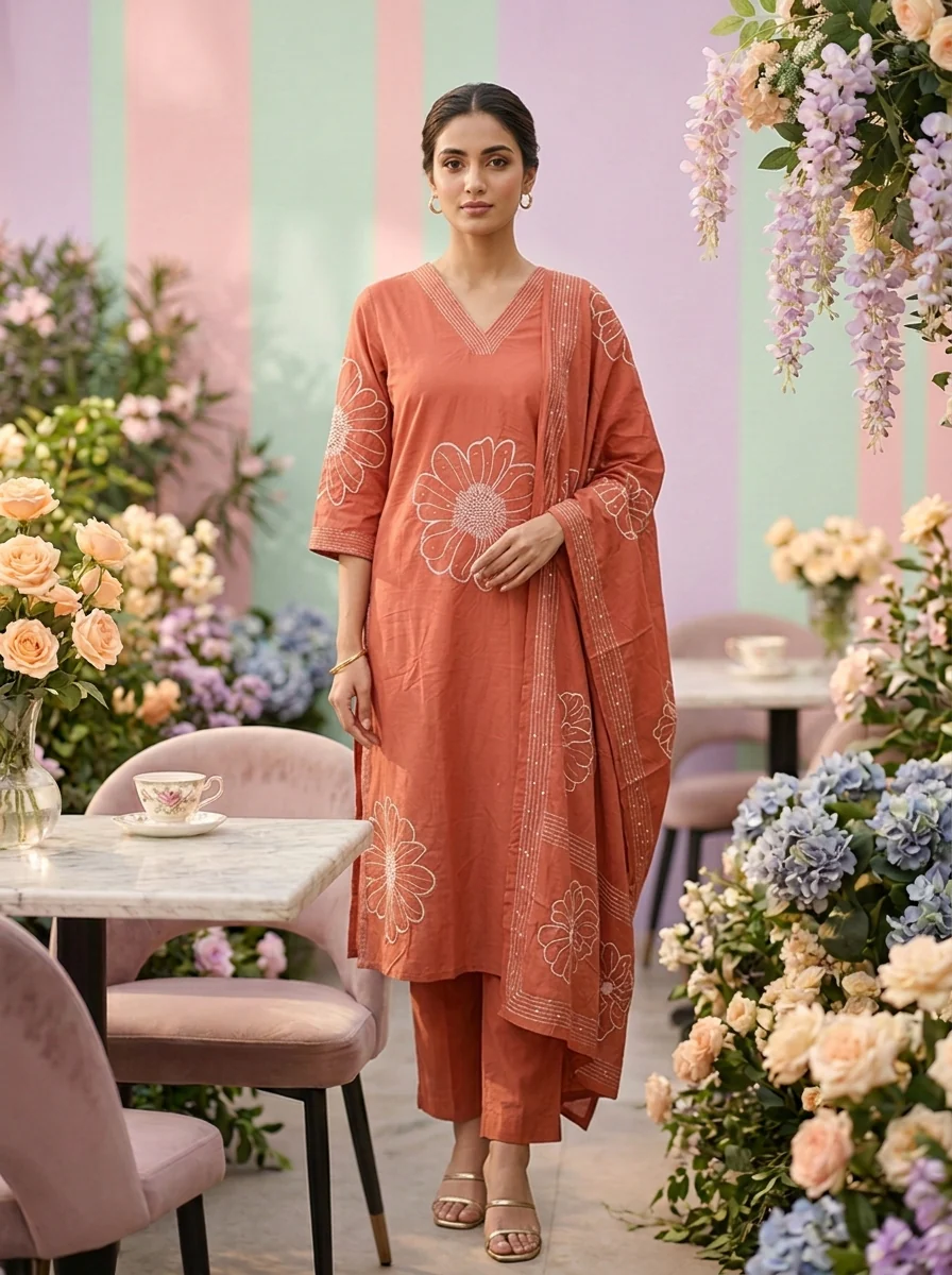 Onion Pink Cotton Hand Embroidery Three Piece Set