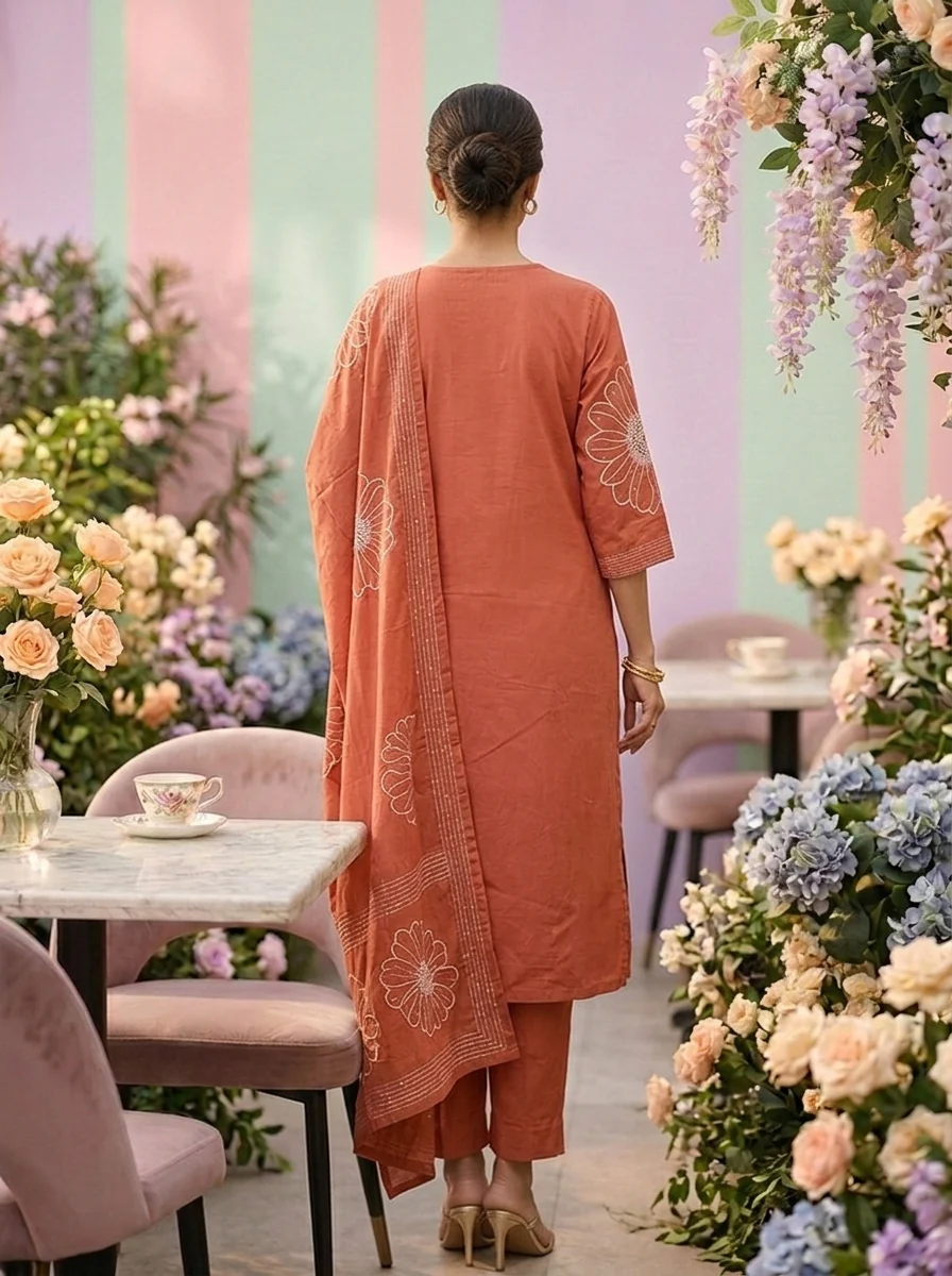 Onion Pink Cotton Hand Embroidery Three Piece Set - Image 2