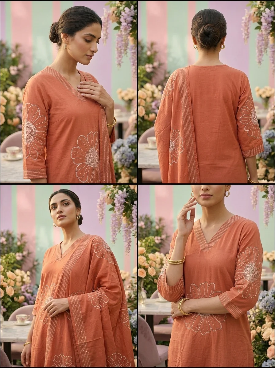 Onion Pink Cotton Hand Embroidery Three Piece Set - Image 5