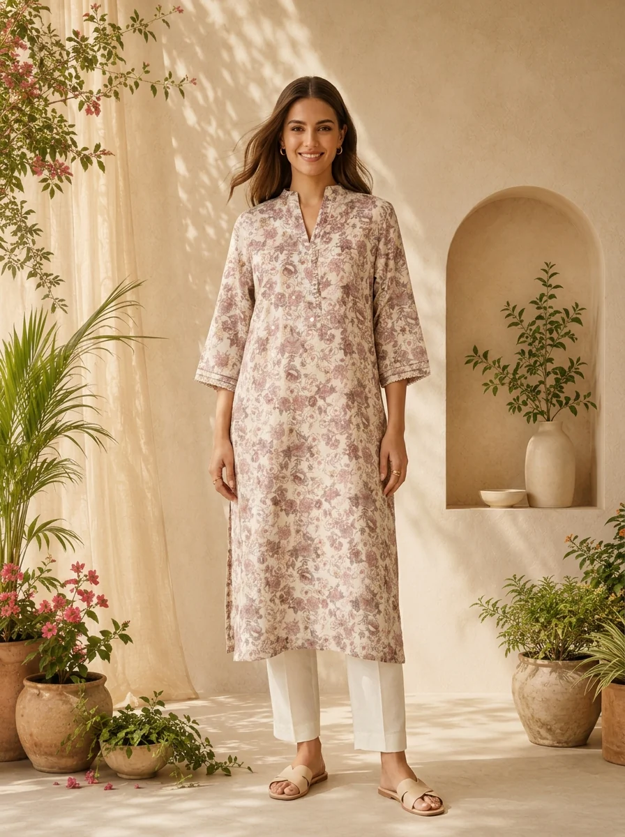 Onion Pink Cotton Printed And Patch Embroidered Kurta - Image 2