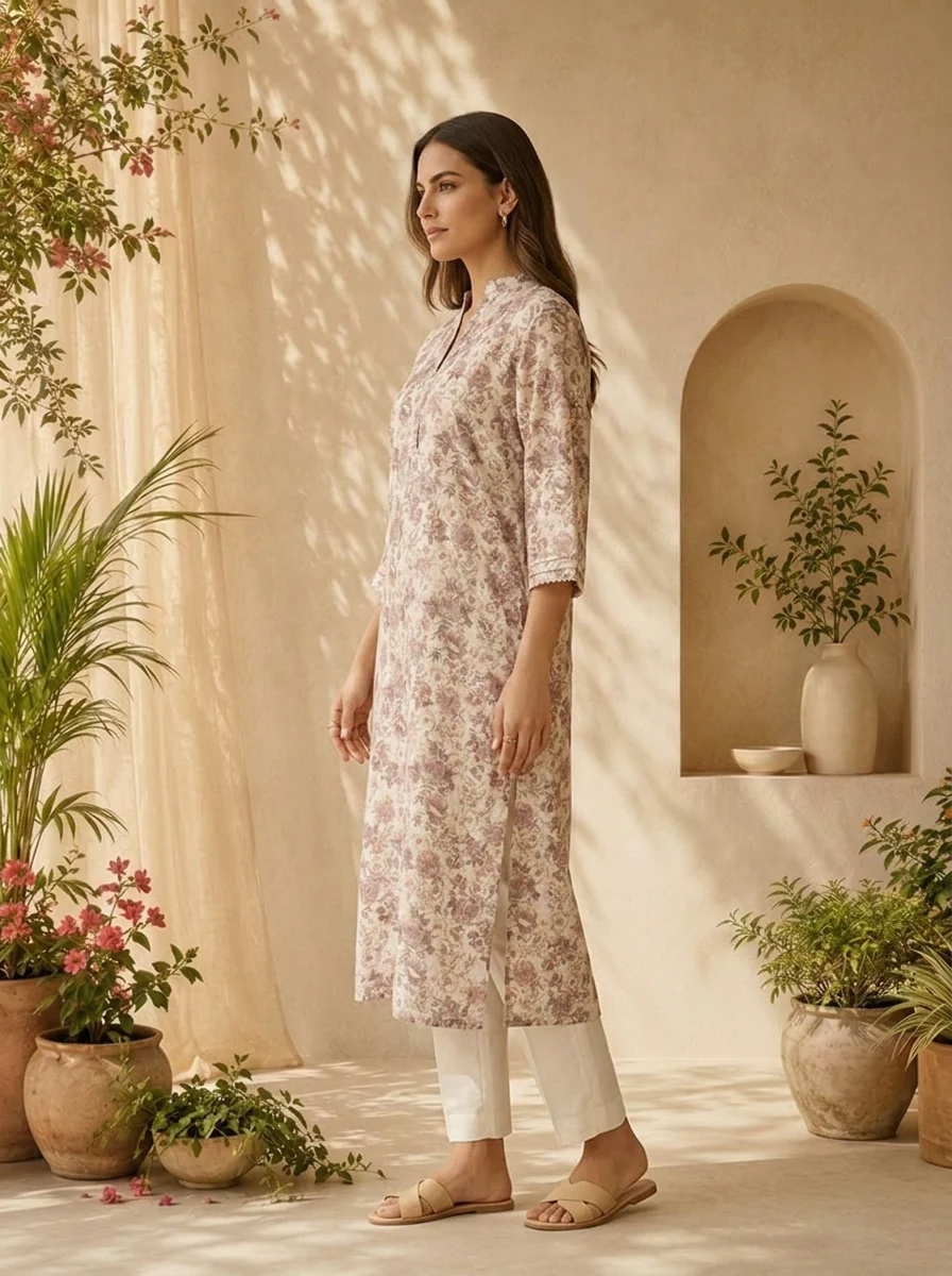 Onion Pink Cotton Printed And Patch Embroidered Kurta - Image 4