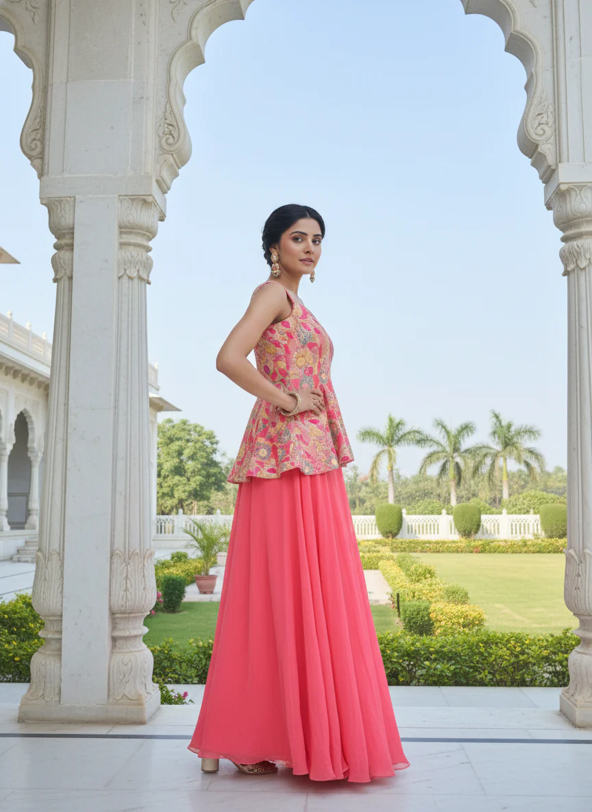 Onion Pink Georgette Embroidered Peplum Skirt Set - Image 3