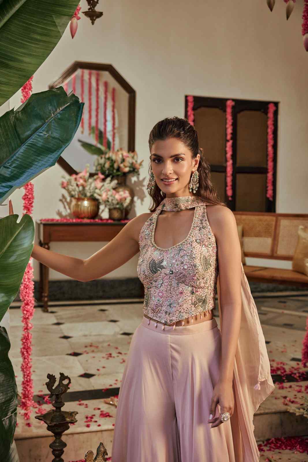 Onion Pink Georgette Hand Embroidery Crop Top Palazoo Set - Image 2