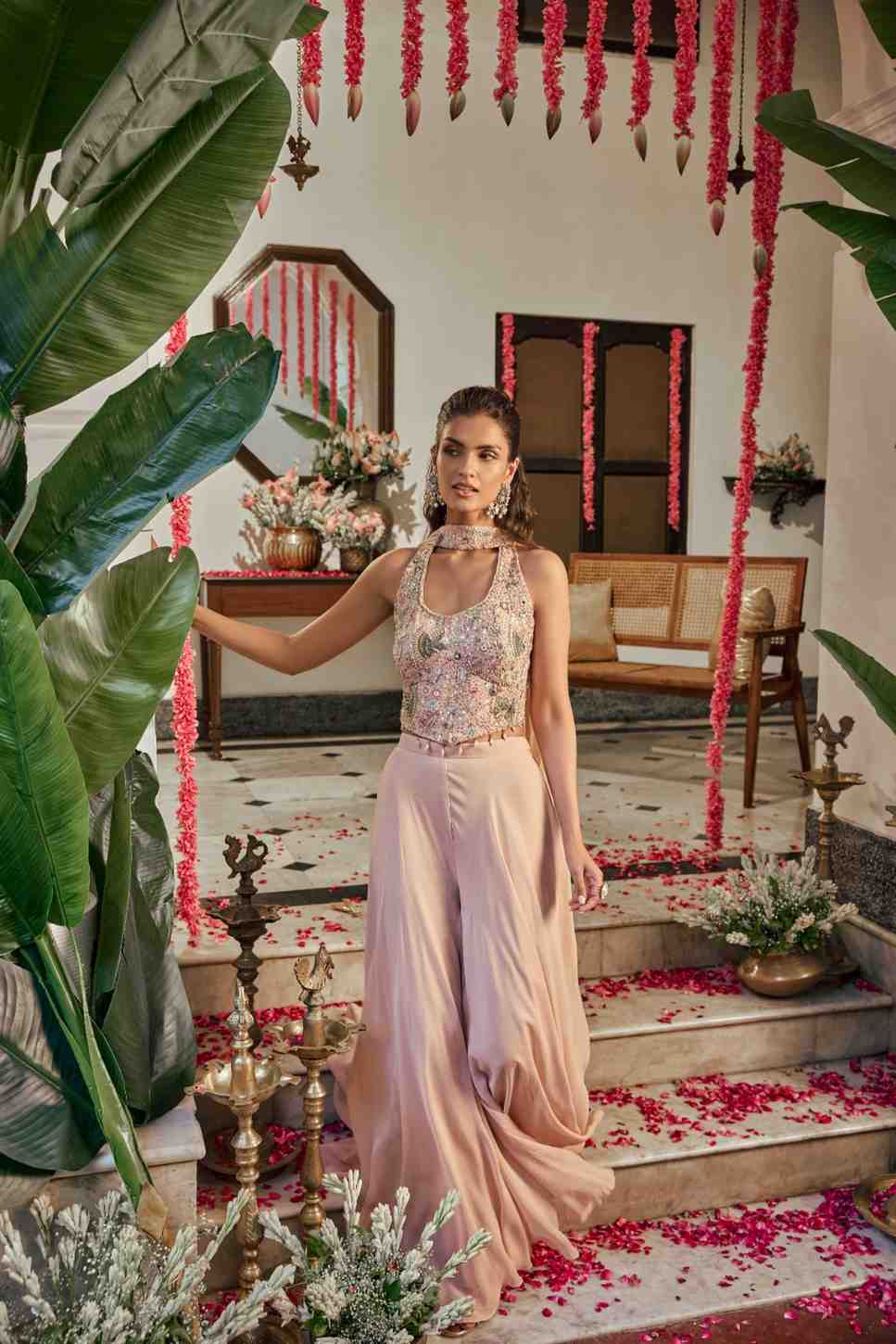 Onion Pink Georgette Hand Embroidery Crop Top Palazoo Set - Image 3