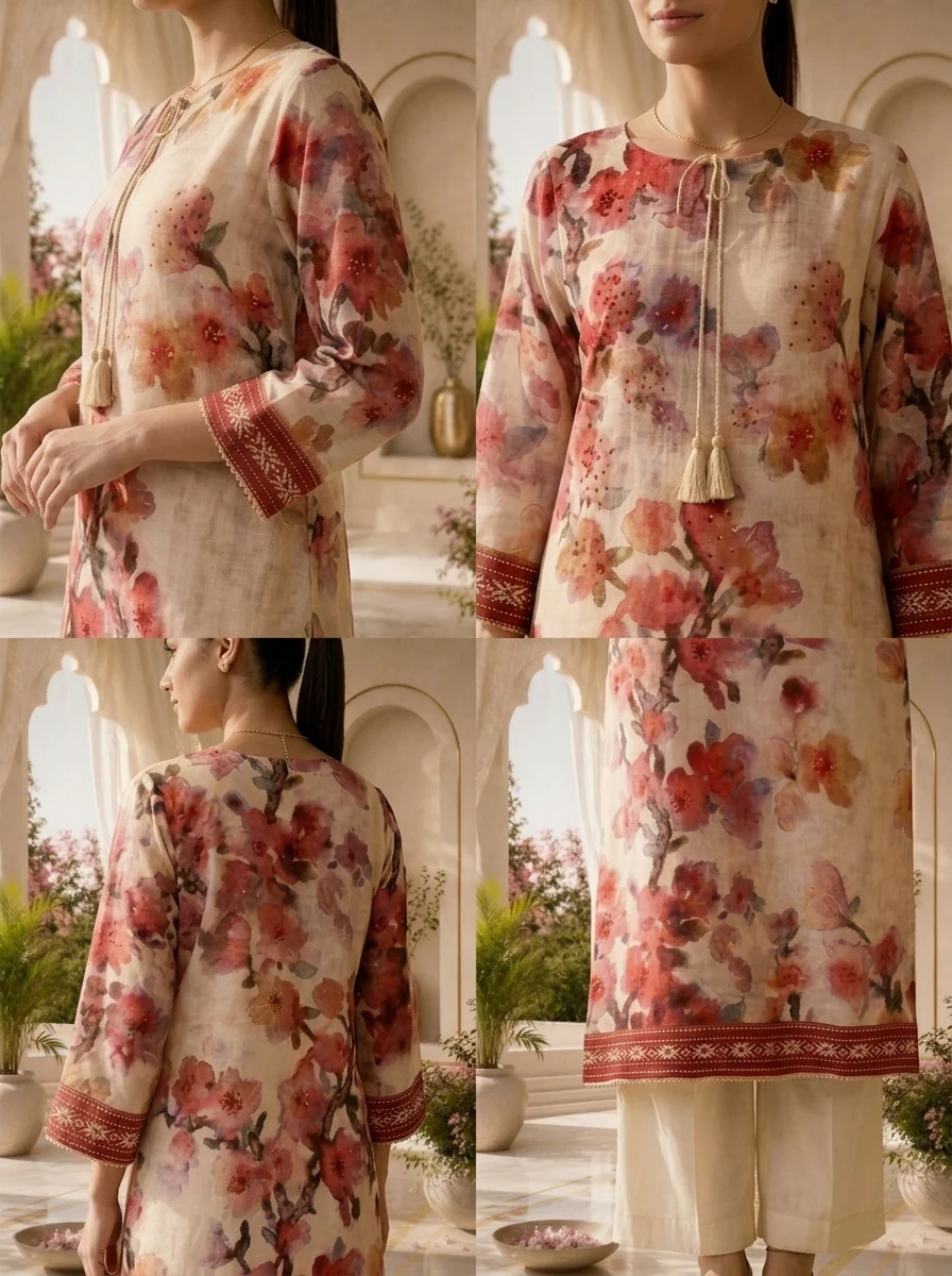 Onion Pink Hand Embroidered Rayon Kurta - Image 5