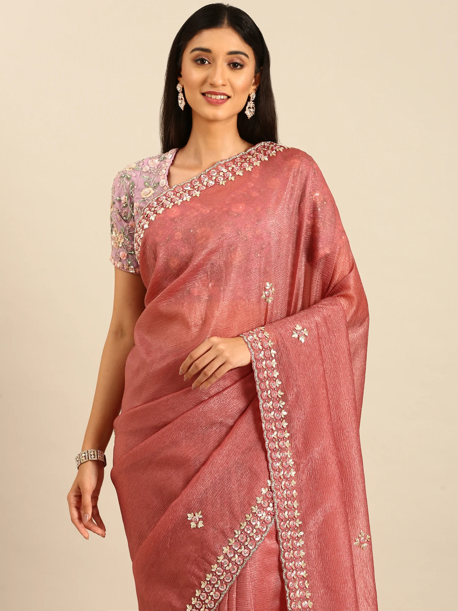 Onion pink Jimmy crushed tissue saree with pearls & sequins embroidery with heavy ready made blouse - Image 3