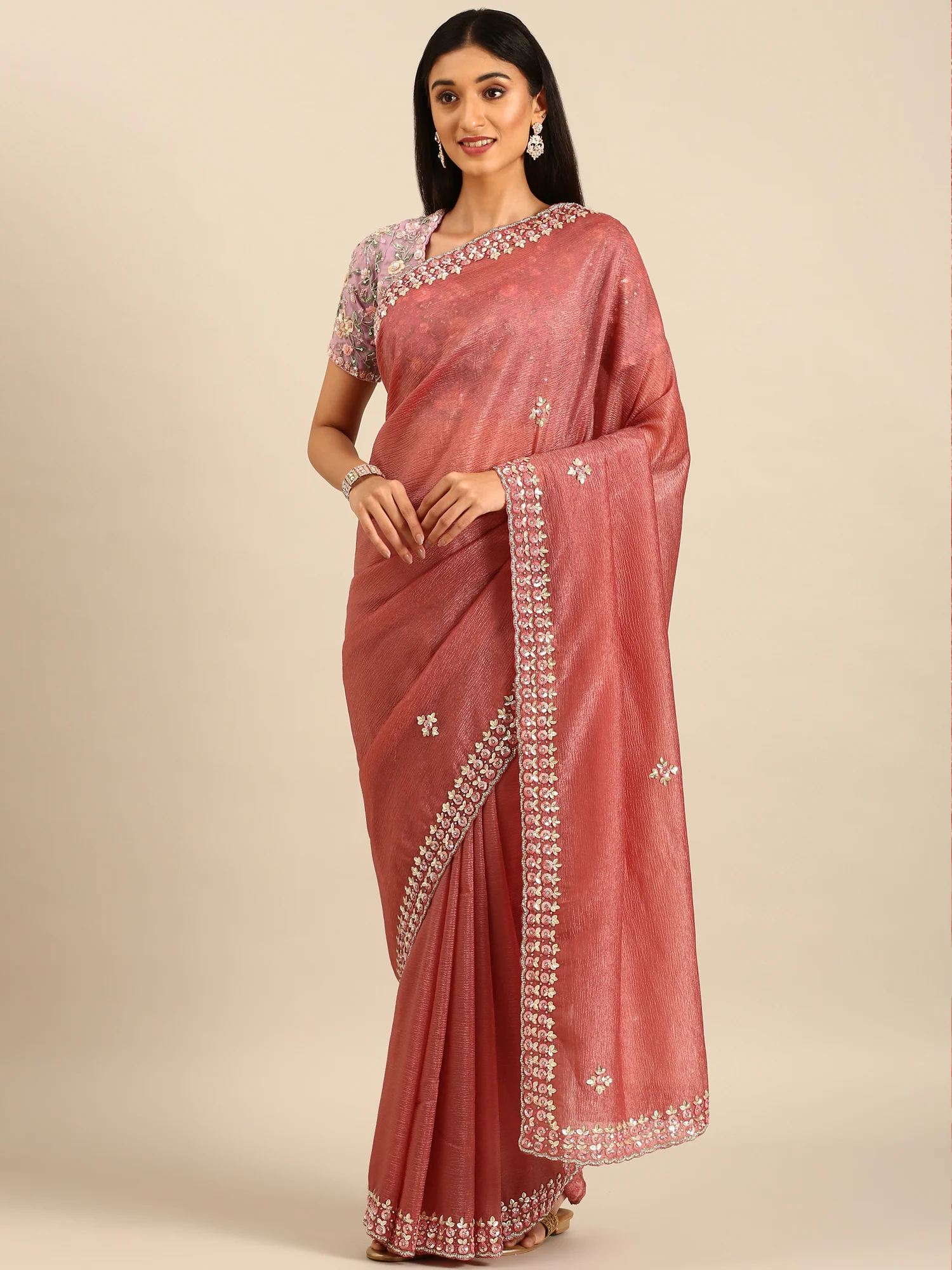 Onion pink Jimmy crushed tissue saree with pearls & sequins embroidery with heavy ready made blouse - Image 4