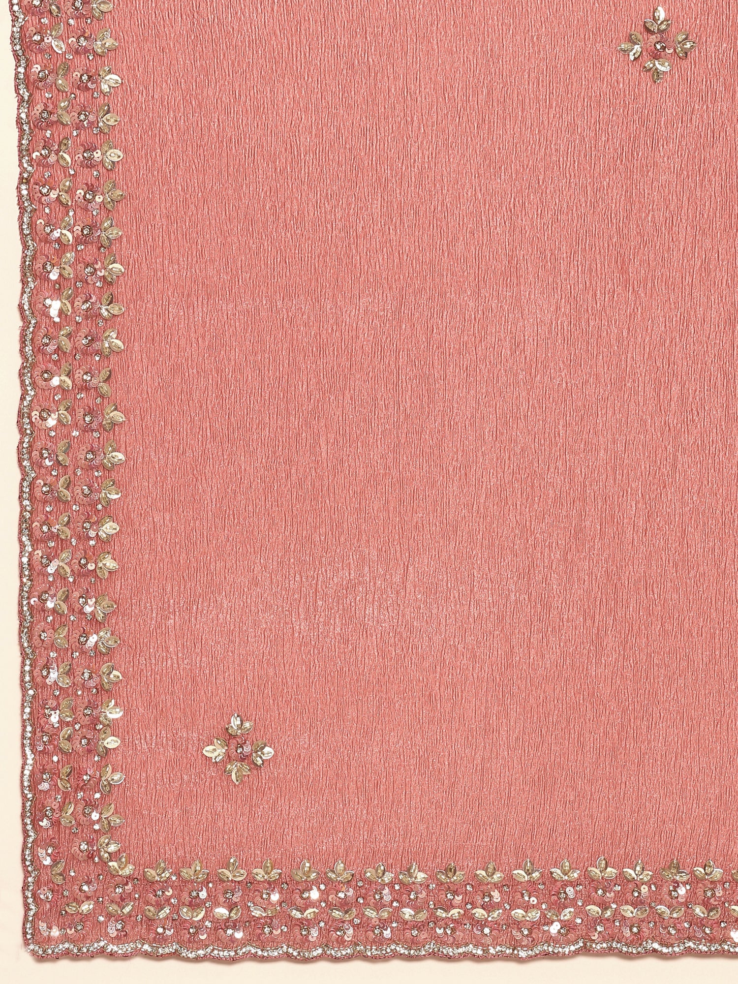 Onion pink Jimmy crushed tissue saree with pearls & sequins embroidery with heavy ready made blouse - Image 5