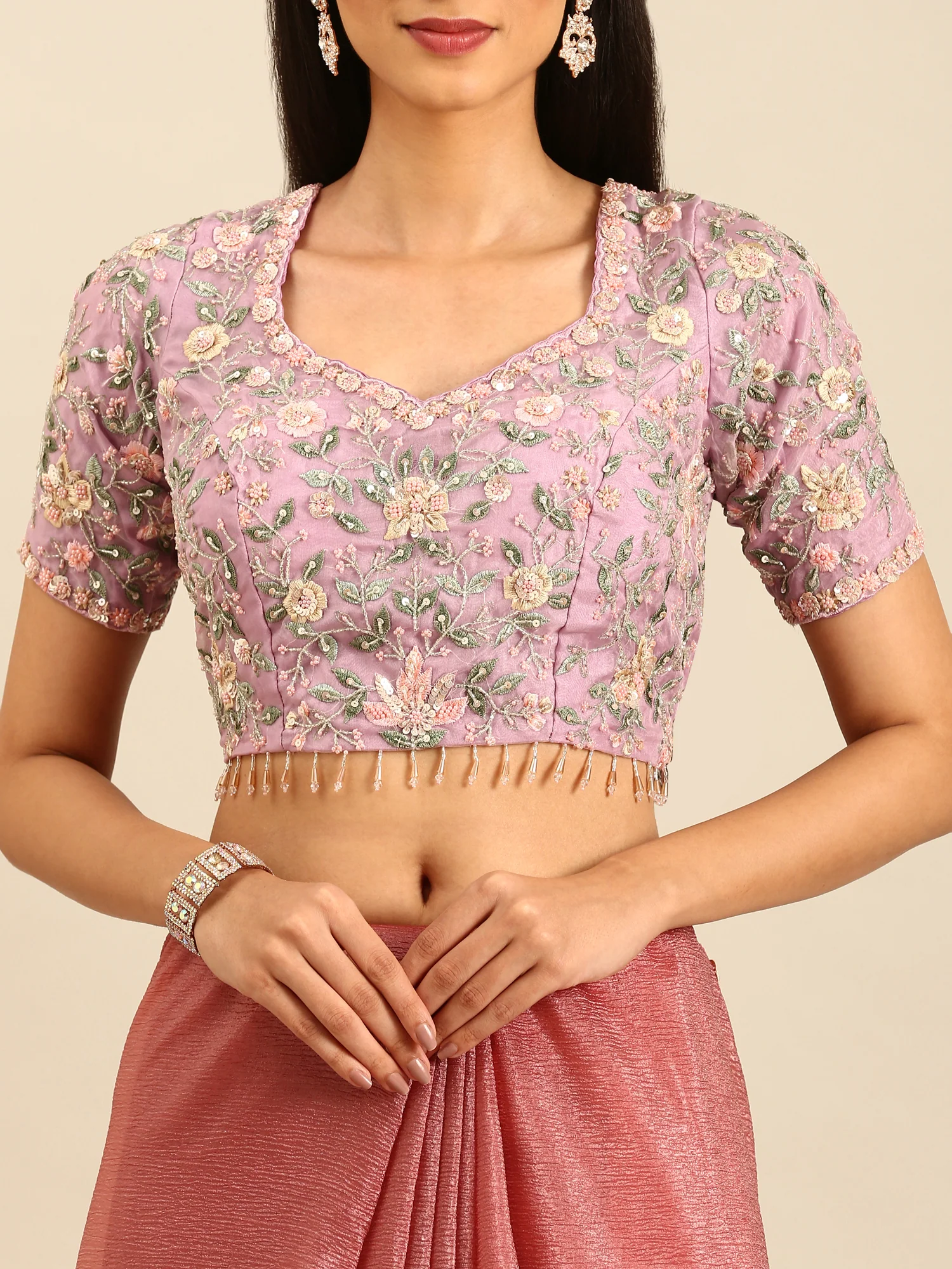 Onion pink Jimmy crushed tissue saree with pearls & sequins embroidery with heavy ready made blouse - Image 6