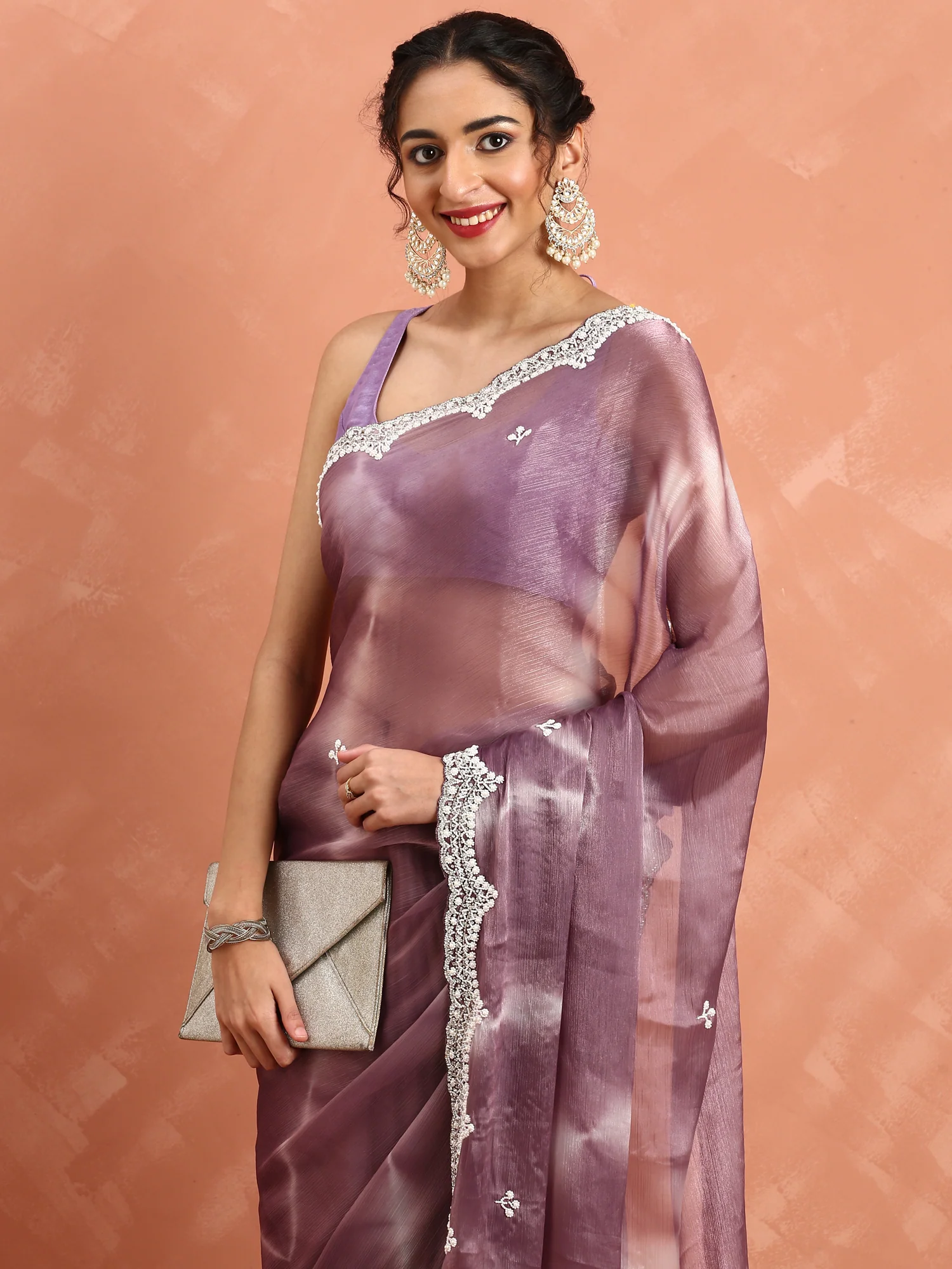 Onion pink Jimmy organza tie dye hand embroidery saree - Image 3