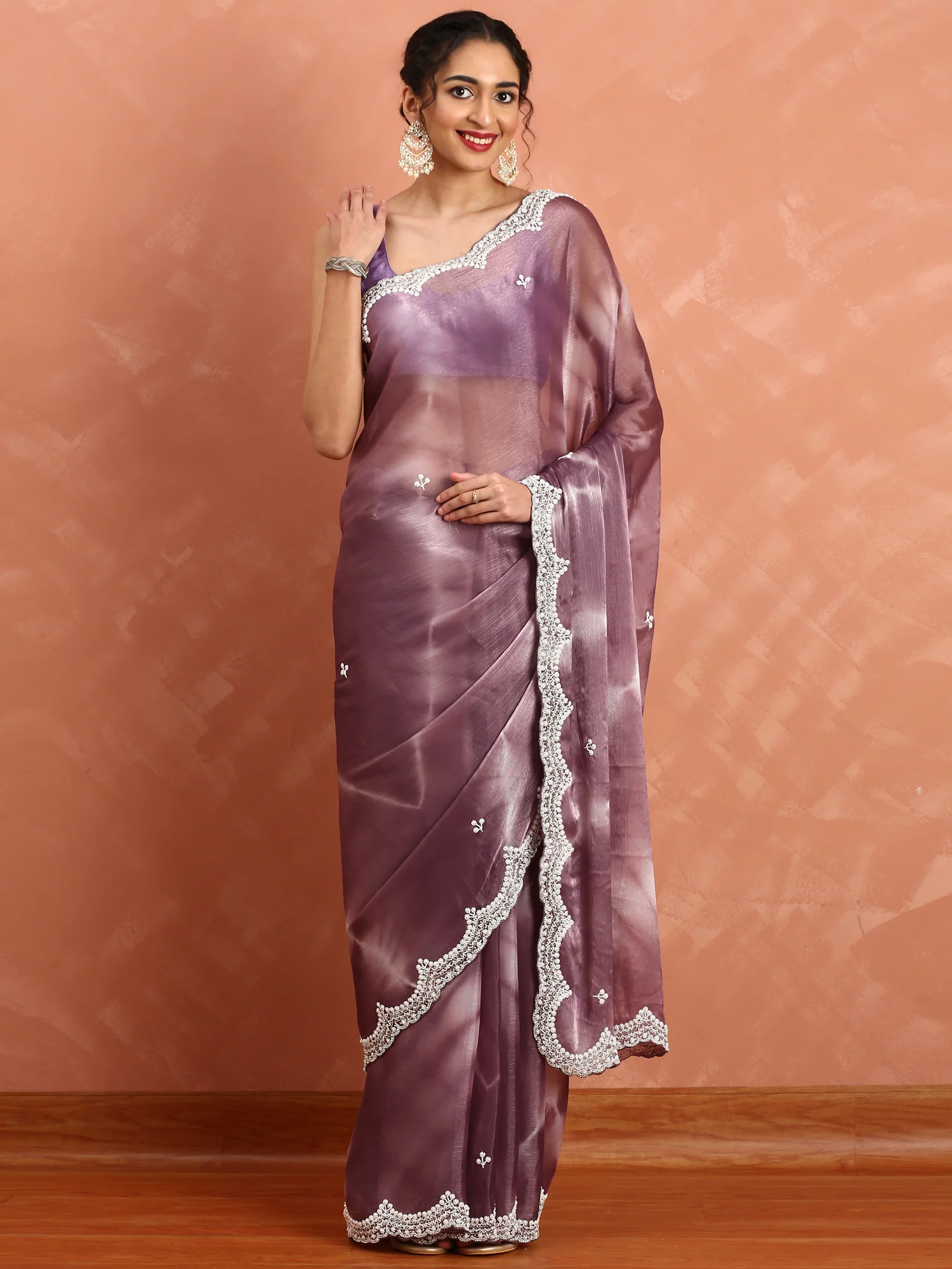 Onion pink Jimmy organza tie dye hand embroidery saree - Image 4