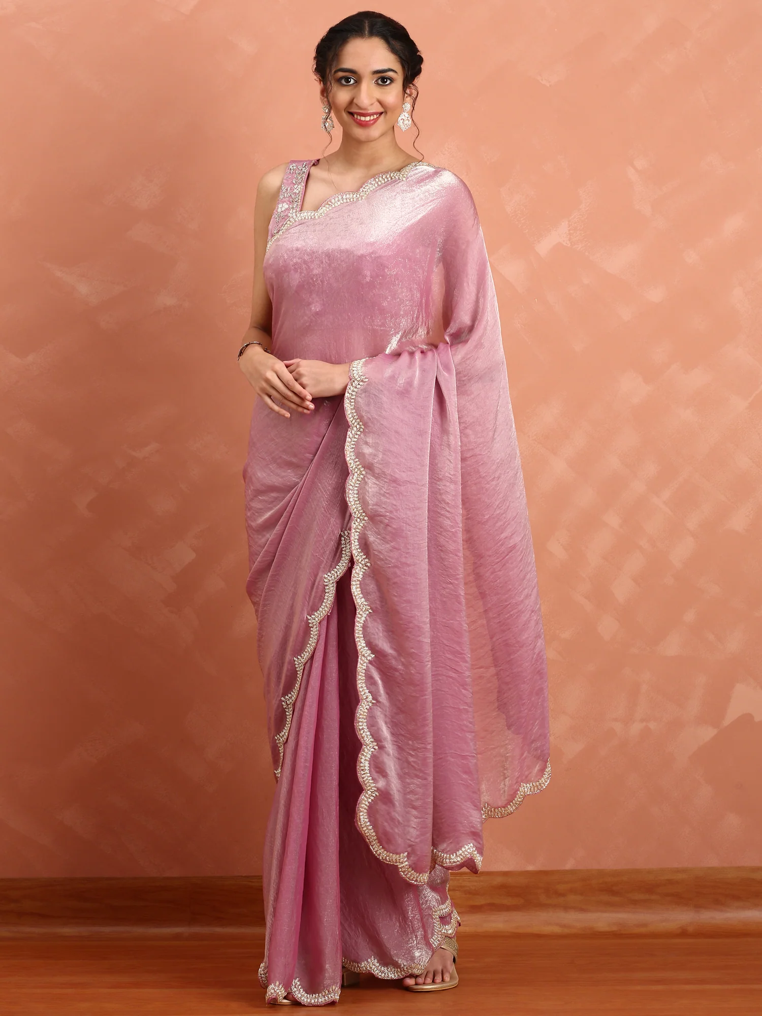 Onion pink Jimmy tissue saree with stones & cut Dana embroidery - Image 4