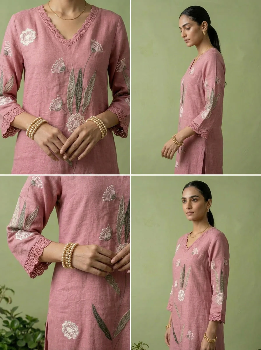Onion Pink Linen Floral Thread Embroidered Two Piece Set - Image 5