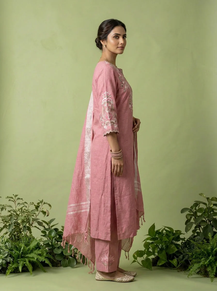 Onion Pink Linen Floral Thread Embroidery Three Piece Set - Image 4