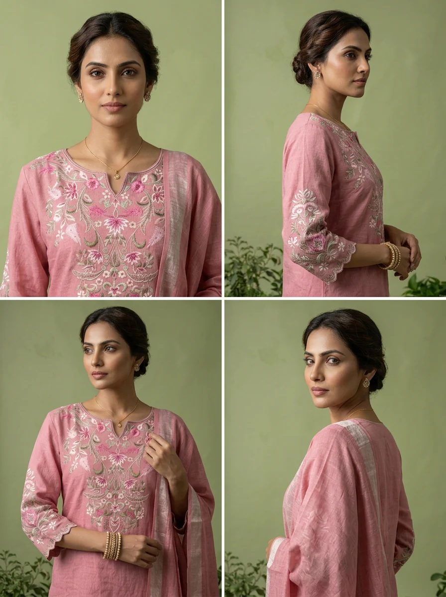 Onion Pink Linen Floral Thread Embroidery Three Piece Set - Image 5