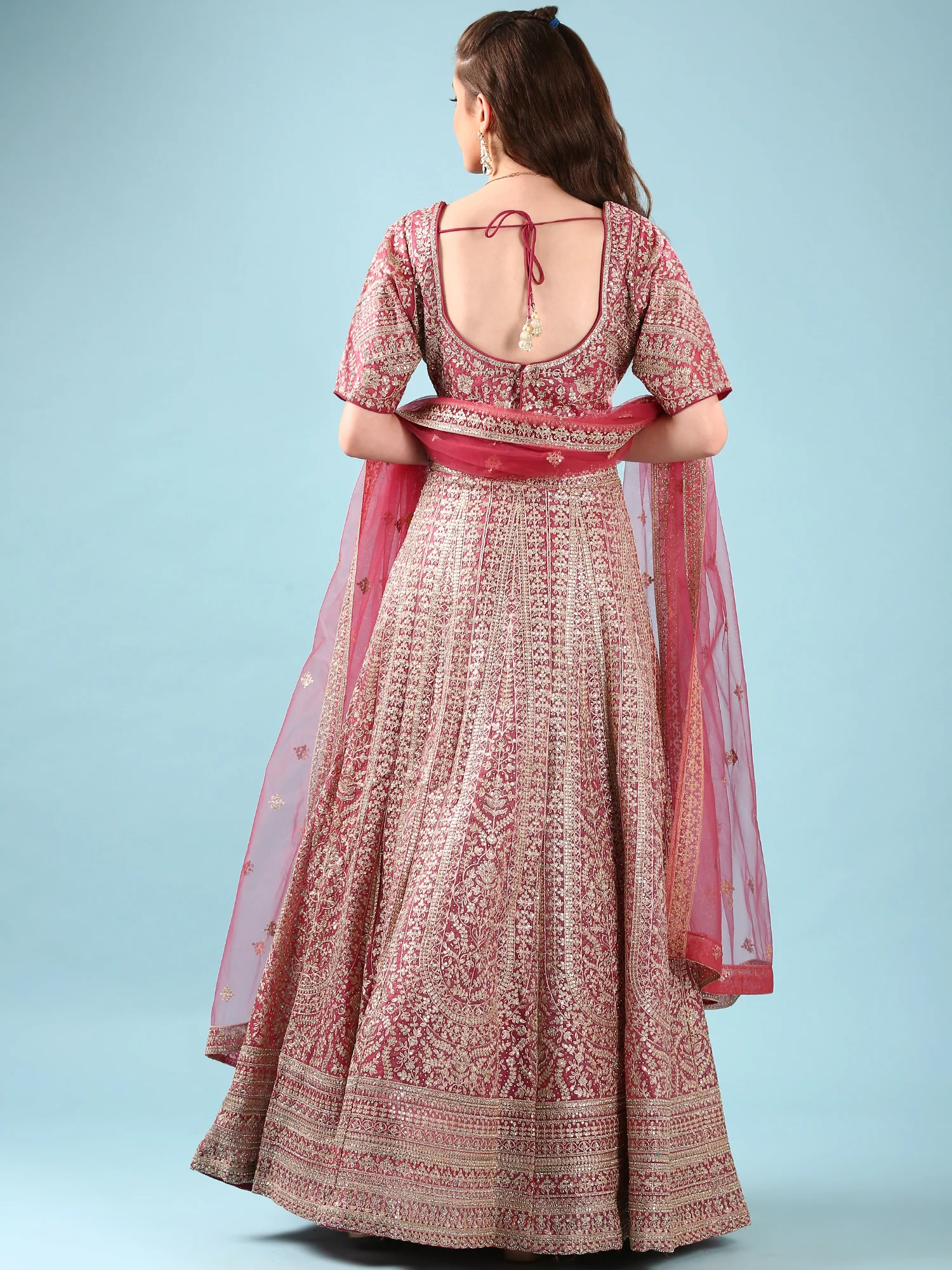 Onion Pink Net Hand Embroidery Ghagra Set - Image 3